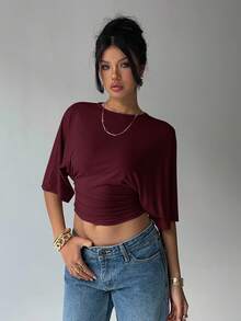 Aloruh Women's Casual Fashion Street Chic Solid Color Bat Sleeve Pleated Fitted Cropped T-Shirt, Summer,Red Top - Burgundy - View 6