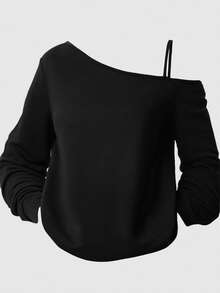 Girlism Maglietta casual a maniche lunghe con spalla asimmetrica per ragazze adolescenti, adatta per l'estate, il tempo libero, lo sport, il college - nero - Visualizzare 6