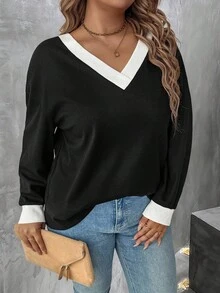 EMERY ROSE Camiseta holgada de manga raglan con bloques de color, talla grande, otoño - Blanco y Negro - Ver 7