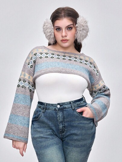 Kawaii Suéter corto de cuello redondo con estampado Fair Isle, versátil para otoño/invierno, talla grande