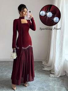 Elenzga Elegant Romantic Pearl Decor Puff Sleeve Square Neck Waist Fitted A-Line Dress For Women - Burgundy - View 3