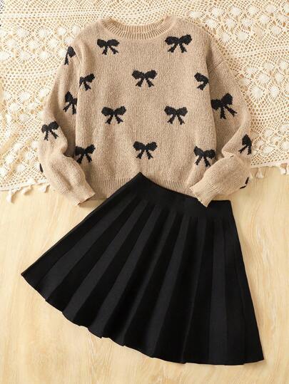 SHEIN 青少年女孩心形图案落肩圆领毛衣和纯黑色百褶裙 2 件套，适合日常穿着、返校、休闲场合，秋冬保暖，日常穿着