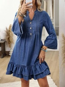 EMERY ROSE Women's Blue V-Neck Flare Sleeve Pleated Loose Denim Dress
