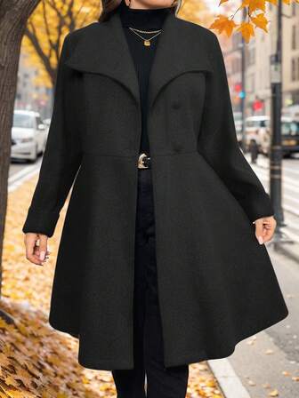 SHEIN Privé Plus Size Women's Fashion Runway Asymmetric A-Line Gray Overcoat, Suitable For Minimalist Outings And Elegant Dates In Winter