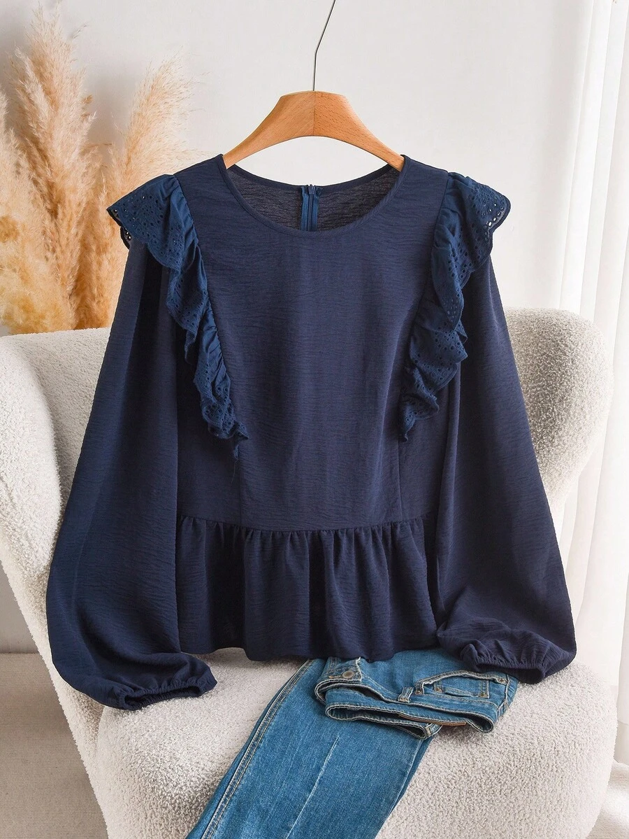 CosyJoli Camicetta in chiffon oversize con scollo a V, maniche a lanterna e ricamo, stile casual - Blu Navy - Visualizzare 1