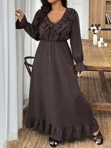 Weeklong Plus Size Women's Solid Color Ruffle V-Neck Long Sleeve Elegant Dress Fall Cloth For Women - Brown - View 4