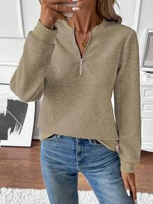 SHEIN LUNE Women's Autumn Sweatshirt, Notch Neck, Long Sleeve, Raglan Sleeve, Ribbed Splice, Zipper Decor, Textured Fabric - Apricot - View 5
