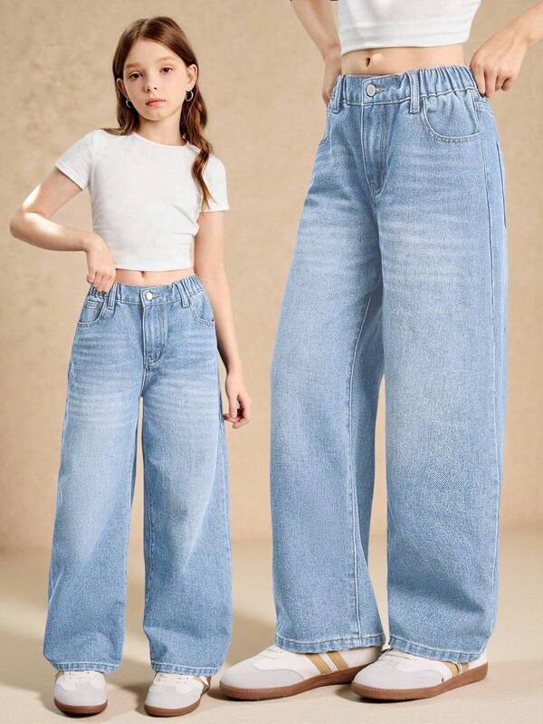 Tween Girl Vintage Loose Fit Wide Leg Jeans, Casual Straight Denim Pants, School, Campus, College