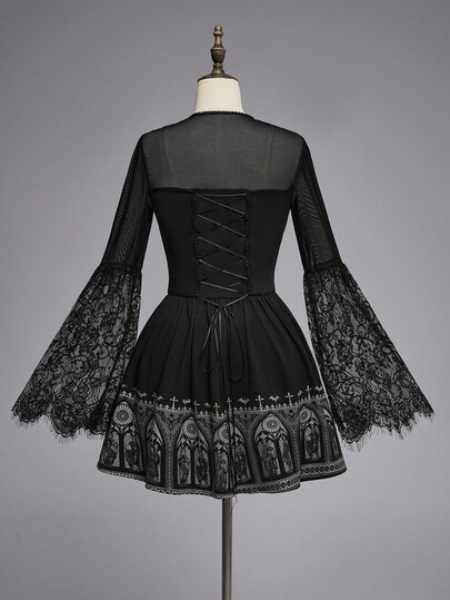 Goth Gothic Cathedral Stained Glass, Crucifix, Bat Lace Patchwork Backless Mini Dress For Women