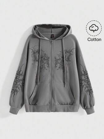 Grunge Punk Sudadera con capucha oversize de estilo subcultura callejera punk Y2K para mujer, con cremallera, en negro y gris, con estampado gráfico, cremallera y bolsillos