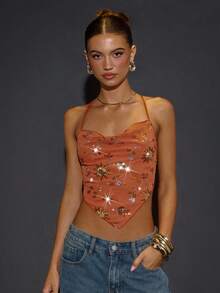 SHEIN BAE 女士性感露背串珠刺绣上衣，适合夜店、音乐节、派对、鸡尾酒会、浪漫约会、万圣节、圣诞节 - 橘色 - 查看 4