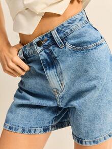 Daynim Quần short denim ống rộng cạp cao - Rửa nhẹ - Xem 4