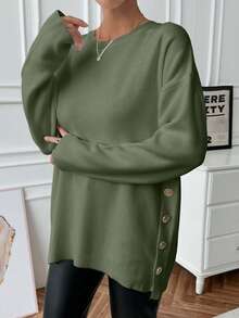 EURMUSE Women's Casual Crew Neck Pullover Sweater With Side Button - Mint Green - View 3