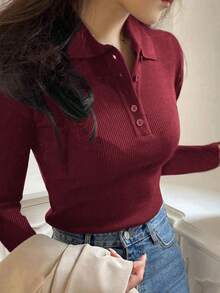 DAZY Women 5/8 Sleeve Knit Polo Collar Partial Zip Up Sweater Summer Fall