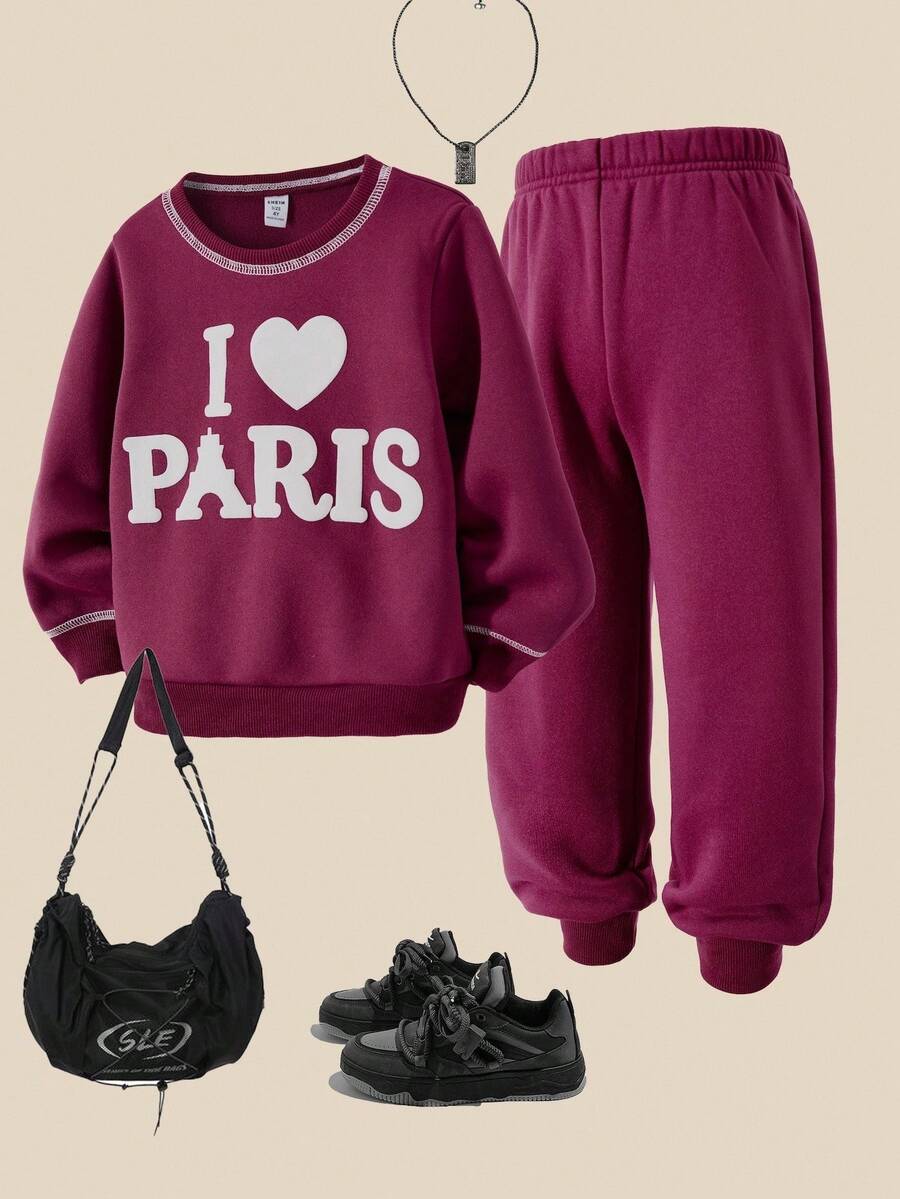 SHEIN Casuvi Kid Young Boy2-Piece Set: Fleece Crew Neck Sweatshirt + Jogger Pants, English Graphic Print, Suitable For Casual, Holiday, Sports In Autumn/Winter Fall - Burgundy - View 1