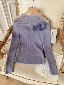 Modelyn Women's Autumn 3D Floral Decor Long Sleeve Fitted Elegant Sweater - Grey - View 4