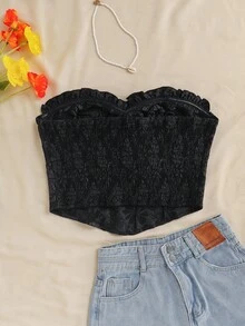 SHEIN Tall CURVE 度假黑色性感褶皱纹理面料紧身胸衣短款上衣，带荷叶边下摆，无肩带上衣抹胸可爱抹胸，女士假日装 - 黑色 - 查看 2