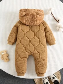 SHEIN Noworodek, chłopiec/dziewczynka, śliczny, pluszowy kombinezon z kapturem w kratę w kolorze khaki, polarowy, unisex, zimowe ubranka dla niemowląt