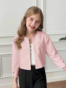 SHEIN Tween Girl Commuting Casual Solid Color Open Front Cropped Knit Jacket With Metal Buttons Autumn Winter Clothes For Girl - Baby Pink - View 7