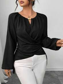 Elenzga 女式串珠裹身式束腰衬衫，秋冬 - 黑色 - 查看 5