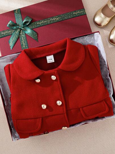 Souflis Souflis Abrigo largo de manga larga color burdeos con estilo francés y grosor aumentado, adecuado para vacaciones, salidas y diversas ocasiones, abrigo para niñas y bebés niñas, chaqueta de suéter linda para bebé niña, ropa de otoño para bebé niña, chaquetas y abrigos para ropa de Navidad de bebé niña