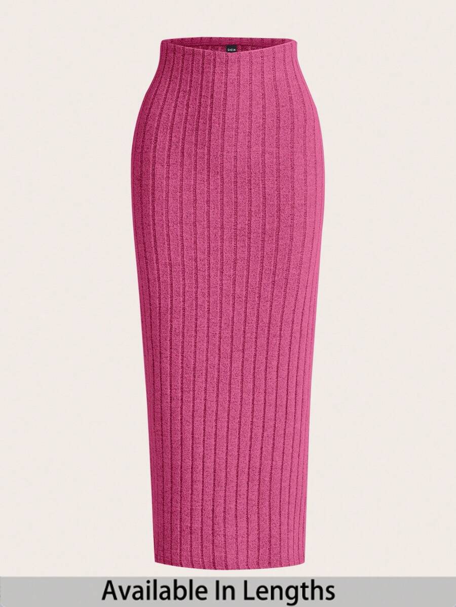 SHEIN Tall CURVE 大码纯色罗纹铅笔裙 - 玫紅色 - 查看 1