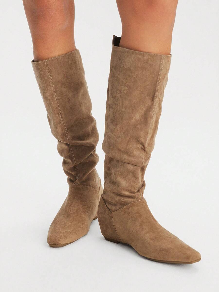 Styleloop Women's Casual Minimalist Flat Knee-High Boots, Autumn/Winter - Brown - View 1
