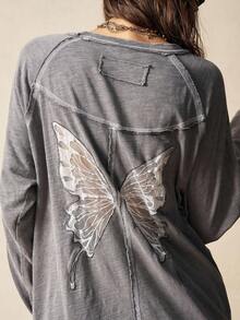 Bohemela BOHO Casual Solid Color Knit Crew Neck Butterfly Hollow Back Design Loose Long Sleeve T-Shirt For Women - Grey - View 2