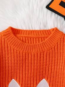 Young Boys Embroidered Devil Graphic Crew Neck Knit Long Sleeve Sweater, Versatile For Casual Wear, Holidays, Autumn/Winter