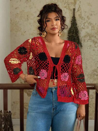 Travachic كارديجان طويل الأكمام شفاف مع طبعة زهرية ملتوية أمامية مقاس كبير