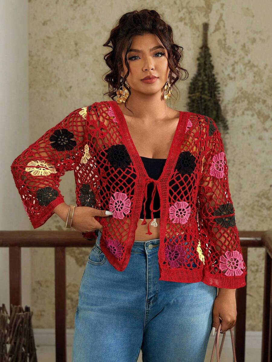 Travachic Cardigan de Manga Longa Transparente com Estampa Floral Vazada e Nó Frontal, Plus Size - Vermelho - Visão 1