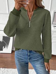 EMERY ROSE Women's Autumn Sweatshirt, Notch Neck, Long Sleeve, Raglan Sleeve, Ribbed Splice, Zipper Decor, Textured Fabric - Green - View 4