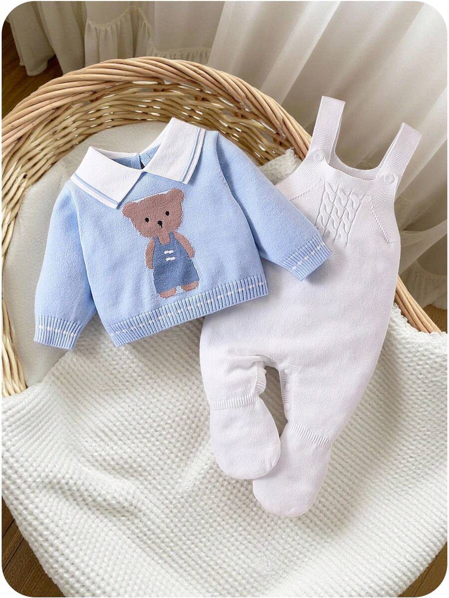 SHEIN Baby Boy Cartoon Bear Sweater Top + Sweater Overalls, Knitted One-Piece Jumpsuit, Fashionable And Cute For Autumn/Winter Traveling, Shopping At Home Fall - Baby Blue - View 1