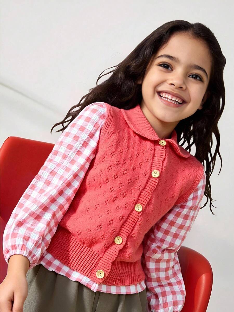 SHEIN Young Girl Casual Daily Simple Solid Color Shell Trim Lapel Sleeveless Button Front Cardigan, Autumn Fall Winter - Orange - View 1