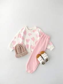 THE HAPPY LOOK 2pcs/Set Young Girl Heart Pattern Knit Soft Crew Neck Long Sleeve Pullover Sweatshirt And Elastic Waist Jogger Pants - Pink - View 7