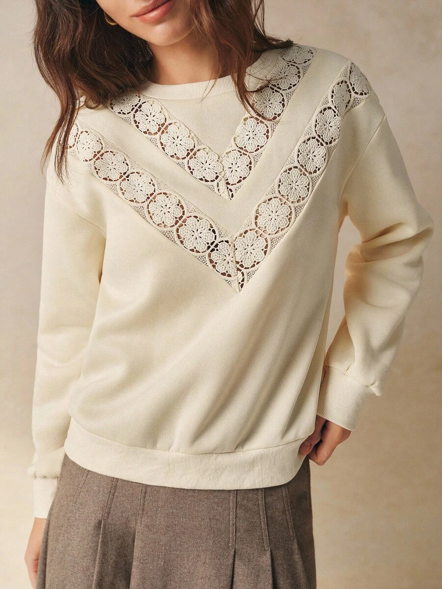 INAWLY French Lace Patchwork Crew Neck Long Sleeve Sweatshirt - Apricot - View 1