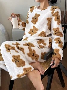 Snug Zone Casual Women Comfortable Bear Plush Sweatshirt And Pants Pajama Set Teddy Bear Pajama Set Animal Print Pajama Set Pajamas Teddy Bear Pajamas, Fall/Winter Clothes, Fluffy, Cozy - Multicolor - View 3