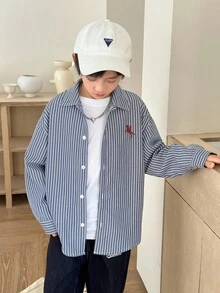 SHEIN 青少年男童韩版条纹休闲翻领长袖梭织衬衫，适合通勤、上学、休闲、旅行、运动、秋冬 - 藍色 - 查看 4