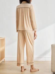 Moonlight&Mama BloomMama 撞色饰边字母刺绣天鹅绒领长袖上衣和裤子孕妇家居服套装，秋冬装，秋季服装，舒适装 - 香檳色 - 查看 2