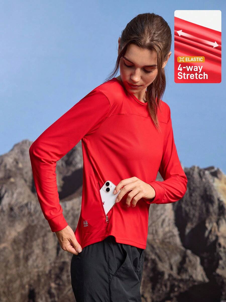 In My Nature Women's Solid Color Casual Outdoor Long Sleeve T-Shirt Women Hiking Shirts Red Long Sleeve Athletic Shirt Soft & Comfortable Fit Flexible Stretch - Red - View 1