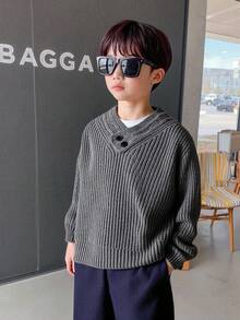 1pc Young Boys' Casual, Comfortable, Fashionable, Versatile, Soft, Thick, Jacquard Knit Gray Sweater, Suitable For Daily Wear, School, Outings, Sports, Autumn/Winter