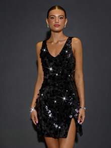 SHEIN BAE Vestido mini de mujer con cuello cuadrado, negro con lentejuelas brillantes, adecuado para cócteles, fiestas, ocasiones formales, eventos festivos, Halloween, Navidad