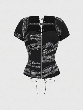 ROMWE Avant 2 Stücke Gothic Musiknoten bestickte Bustier-Top für Frauen, Halloween