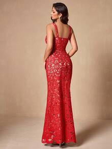 Glamine Đầm cocktail ôm sát không tay ren đỏ thời trang gợi cảm cho nữ - Đỏ - Xem 2