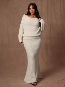 Rustia Off-Shoulder Knit Sweater + Ruffle Hem Mermaid Skirt, European And American Style, Casual Autumn/Winter Knit Maxi Skirt Set Cream Knit Maxi Skirt Set Knit Two Piece Set Cream Two Piece Set Off Shoulder Knit Set - Apricot - View 4