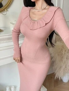 DAZY Elegant V-Neck Ruffle Trim Fitted Sweater Dress, Suitable As Undershirt Or Layering Piece With Coats, Autumn/Winter - Pink - View 5