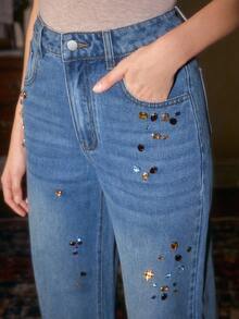 Anewsta Streetwear Fashion Heavy Handcrafted Rhinestone Embellished Women's Blue Denim Straight Leg Jeans, Suitable For Fall, Winter, Spring, Summer, New Year, Party, Wedding, Elegant, Chic, Stylish, Christmas, Business Casual, Going Out - Blue - View 4