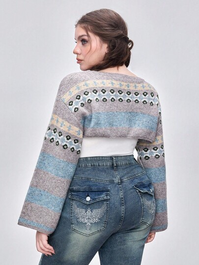 Kawaii Suéter corto de cuello redondo con estampado Fair Isle, versátil para otoño/invierno, talla grande