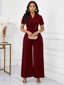 SHEIN Lady 女士纯色交叉裹身无袖连体裤，优雅夏日 - 酒紅色 - 查看 6