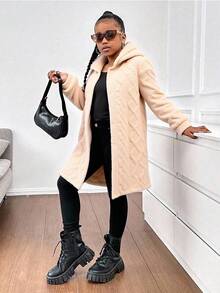 Sparklyn 青少年女孩休闲百搭家居服日常校服罗纹针织连帽长款开衫夹克，秋冬秋季 - 卡其色 - 查看 4